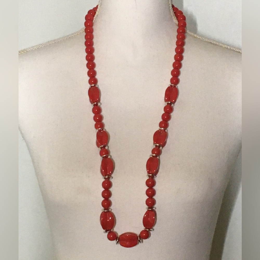 Red Genuine Lucite Bead Long Necklace